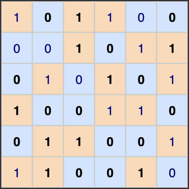 Voorbeeld van een volledig ingevulde binaire puzzel met kleuren als hulpmuddel