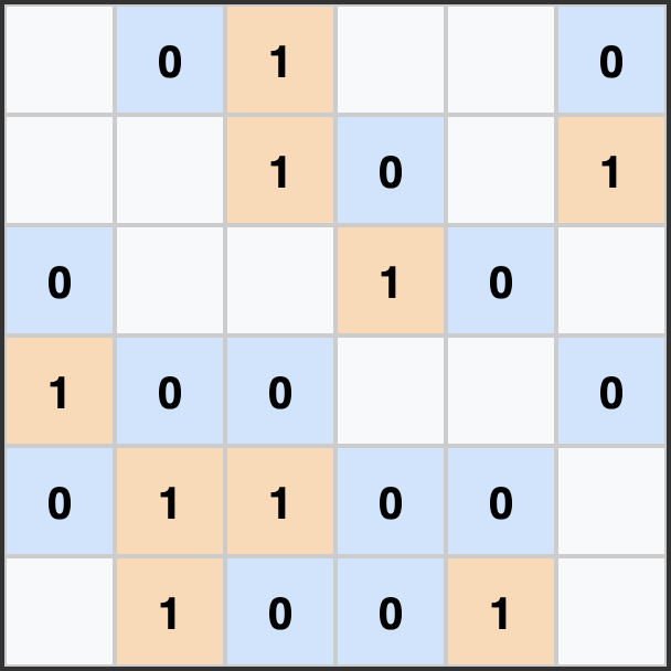 Voorbeeld van een 6x6 binaire puzzel met kleuren als hulpmiddel